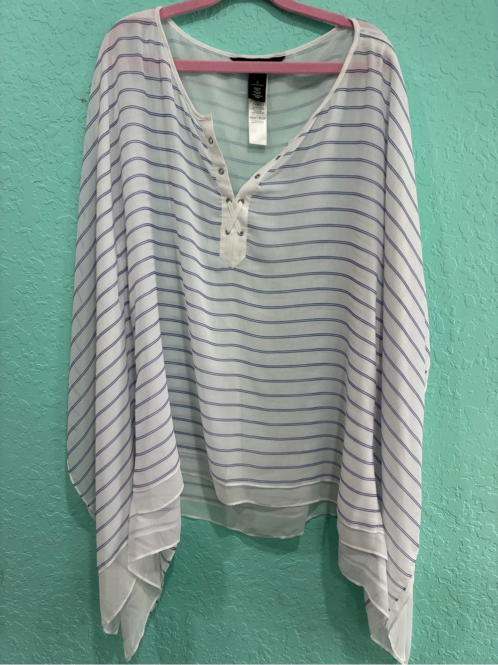 White House Black Market White Blue Striped Lace-Up Top S nautical coastal